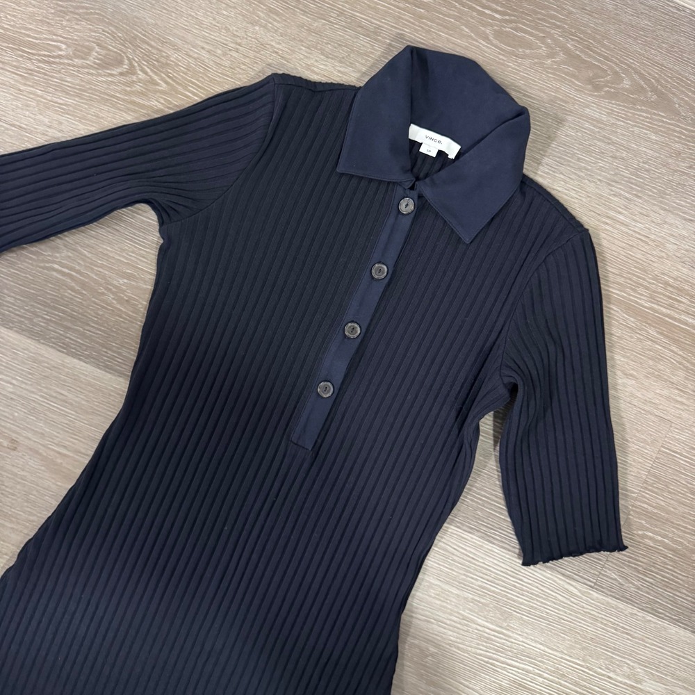 Vince Ribbed Polo Midi Dress Womens Small Black V041584525 Short Sleeve